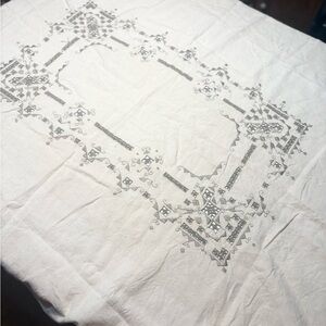 vintage or antique white linen tablecloth intricate hand embroidery openwork